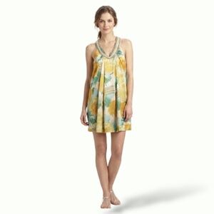 BCBGMAXAZRIA 100% Silk Floral Beaded Mini Dress Halter Neck US Sz S